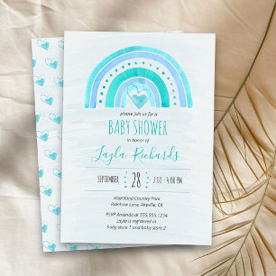 Convites Chuva de Cores Coração Aguarela Azul Baby Shower