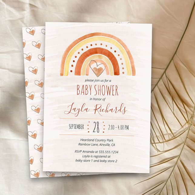 Convites Chuva de Cores Coração Aguarela Neutro Chá de Bebê (Neutral Rainbow baby shower  invitation)