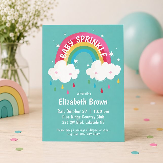 Convites Chuva de Cores Festa de Bebê Fofo (Baby Sprinkle Rainbow Invitation)