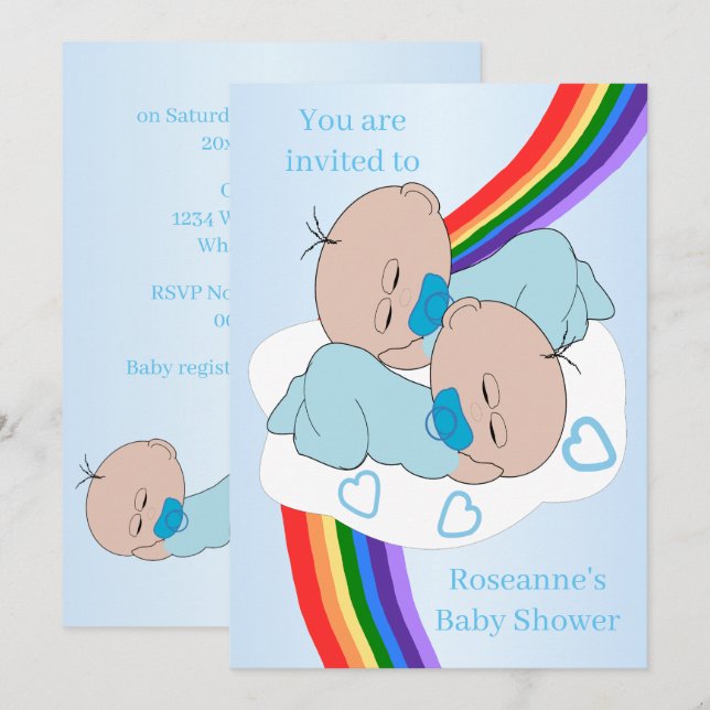 Convites Chuva de Cores Gêmeos Bebês Meninos Baby Shower (Frente/Verso)