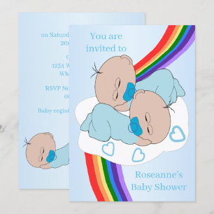 Convites Chuva de Cores Gêmeos Bebês Meninos Baby Shower