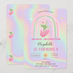 Convites Chuva de Cores Morango Holográfico Aniversário