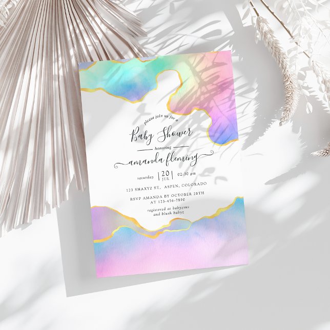 Convites Chuva de Cores Pedra Ágata Baby Shower (Rainbow Agate Stone Baby Shower Invitation)