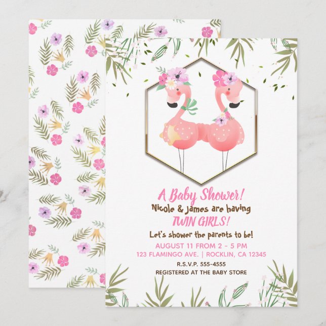 Convites Chuva de Cores Tropicais Dois Flamingos Rosa Baby  (Frente/Verso)