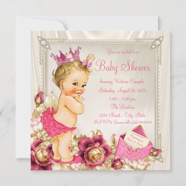 Convites Chuva de Diamantes e Pérolas Rosa para Chás de Beb (Frente)