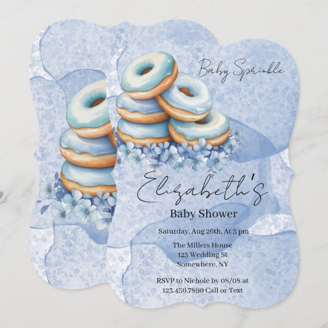 Convites Chuva de Donuts Azuis para o Bebê Menino  (Frente/Verso)
