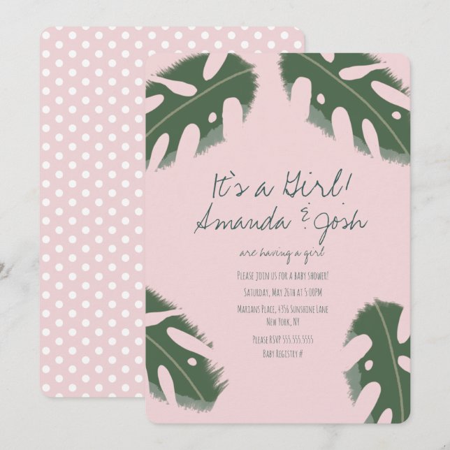 Convites Chuva de Dots Tropicais Monstera Rosa Festa de Beb (Frente/Verso)