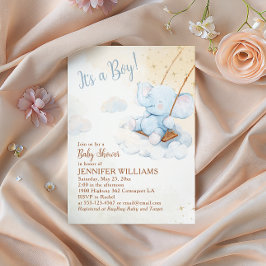 Convites Chuva de Elefante Azul em Aquarela - Baby Shower d