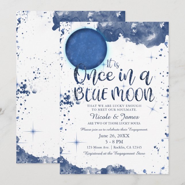 Convites Chuva de Engajamento de Aquarela Uma Vez na Lua Az (Frente/Verso)