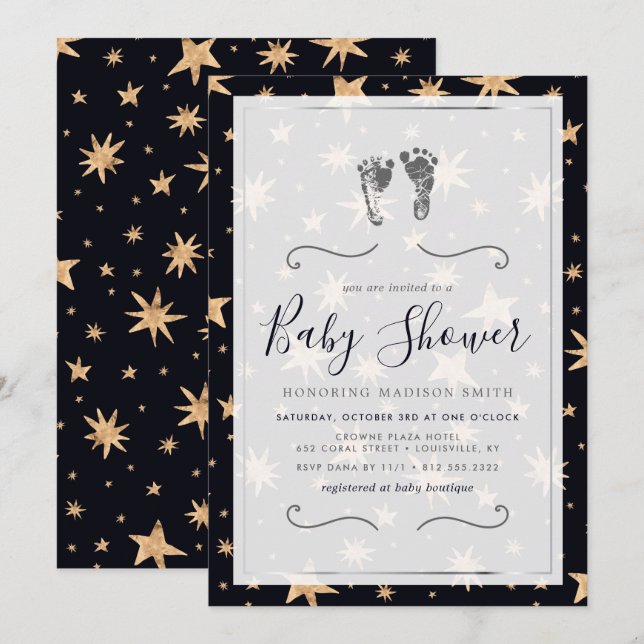 Convites Chuva de Estrelas Azul Marinho Bebezinho Estrelado (Frente/Verso)