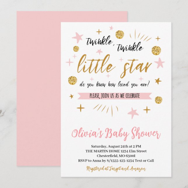Convites Chuva de Estrelas Baby Shower, Dourado Rosa (Frente/Verso)