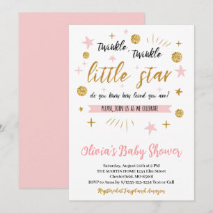 Convites Chuva de Estrelas Baby Shower, Dourado Rosa