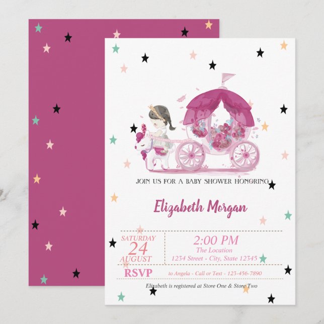 Convites Chuva de Estrelas, Carruagem, Baby Shower Princesa (Frente/Verso)
