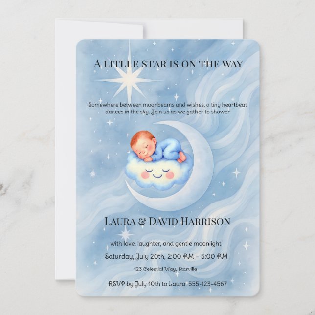 Convites Chuva de Estrelas Celestiais em Aquarela Azul para (Frente)