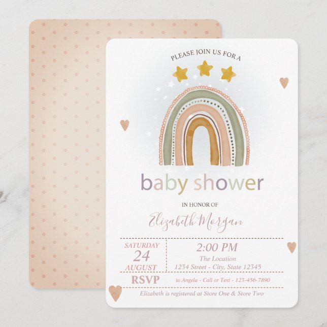 Convites Chuva de Estrelas Corações, Pontinhos Baby Shower  (Frente/Verso)