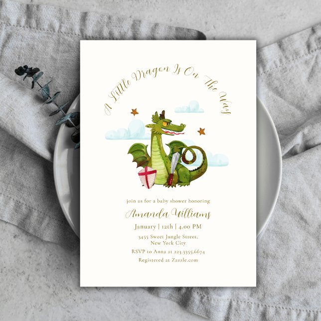 Convites Chuva de Estrelas de Bebê Dragãozinho Mítico (Mythical Little Dargon Cloud Star Baby Shower Invitation)