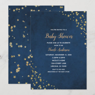 Convites Chuva de Estrelas Douradas e Azuis Baby Shower Cel