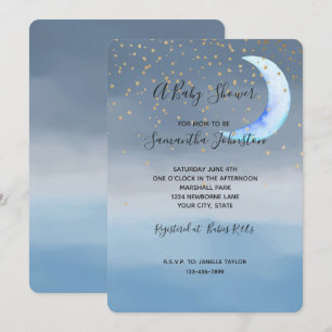 Convites Chuva de Estrelas Douradas Lua Azul Baby Shower