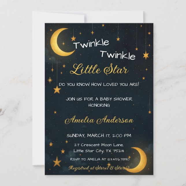 Convites Chuva de Estrelas Douradas Lua Celestial Baby Show (Frente)