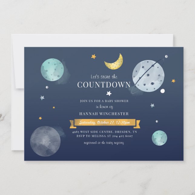 Convites Chuva de Estrelas e Lua no Espaço Sideral para Chá (Frente)