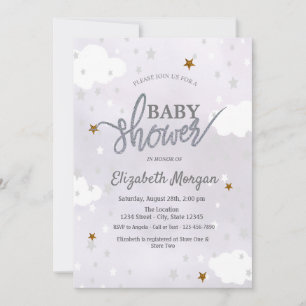 Convites Chuva de Estrelas e Nuvens Lavanda Baby Shower