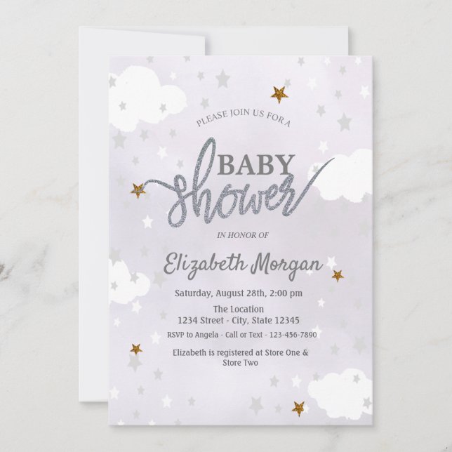 Convites Chuva de Estrelas e Nuvens Lavanda Baby Shower (Frente)