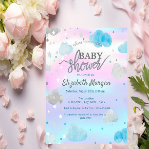 Convites Chuva de Estrelas & Nuvens Holográficas Baby Showe