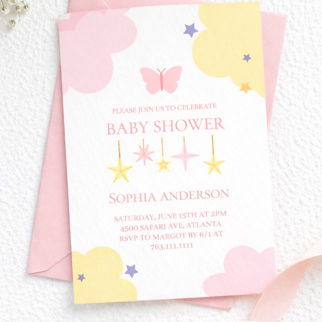 Convites Chuva de Estrelas Rosa Amarelo Baby Shower  (Criador carregado)