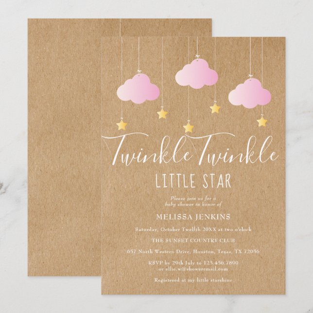 Convites Chuva de Estrelas Rosa Baby Shower Rustico Kraft (Frente/Verso)
