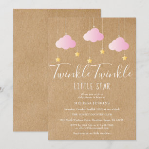 Convites Chuva de Estrelas Rosa Baby Shower Rustico Kraft
