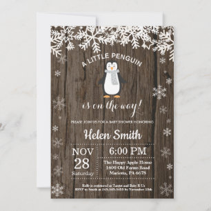 Convites Chuva de Flocos de Inverno com Pinguim Rústico - C