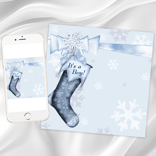Convites Chuva De Flocos De Neve Azul De Inverno Branco Chu (Boy Christmas baby shower invitation with Christmas stocking and snowflakes. Digital and printed.)