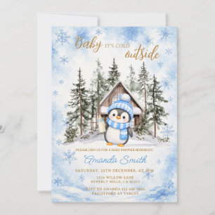 Convites Chuva de flocos de neve azul de inverno do pinguim