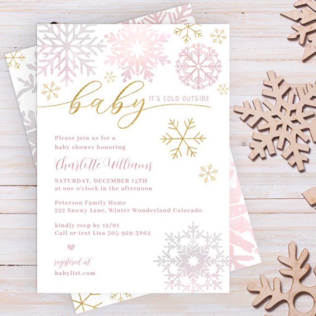 Convites Chuva de Flocos de Neve em Dourado Rosa para Chá d (Baby Girl Winter Shower Invitation in faux Glitter Gold and Blush Pink)