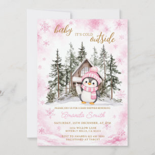 Convites Chuva de Flocos de Neve Rosa de Pinguim no Inverno