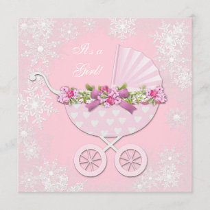 Convites Chuva de Flocos de Neve Rosa Festa de Bebê no Inve