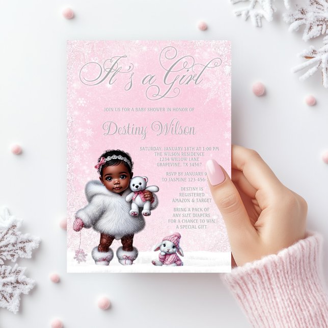 Convites Chuva de Flocos de Neve Rosa Festa de Bebê no Inve (Adorable baby girl winter wonderland baby shower invitation. )