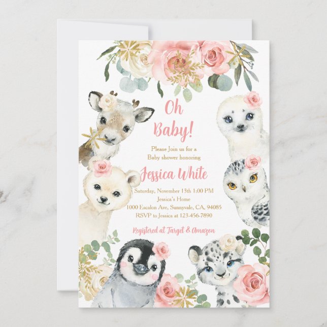 Convites Chuva de Flocos Florais Animais Baby Shower (Frente)