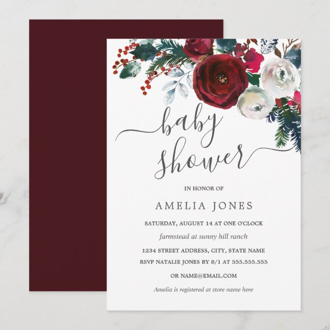 Convites Chuva de Flor de Natal em Aquarela Baby Shower (Frente/Verso)