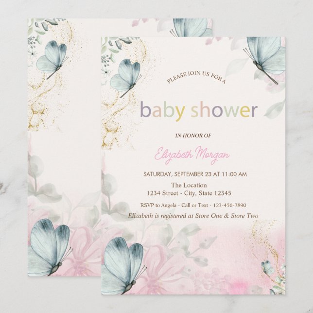 Convites Chuva de Flores Azuis Borboletas Baby Shower (Frente/Verso)