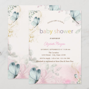 Convites Chuva de Flores Azuis Borboletas Baby Shower