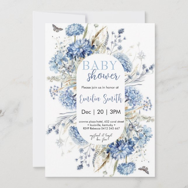Convites Chuva de flores azul baby shower (Frente)