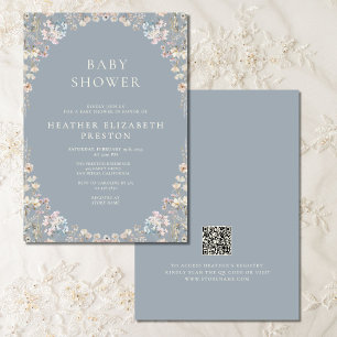 Convites Chuva de Flores Azul Elegante com Código QR para C