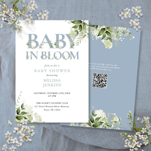 Convites Chuva de Flores Azul Poeira Verde Código QR Chá de (In Bloom Dusty Blue Greenery QR Code Baby Shower Invitation)