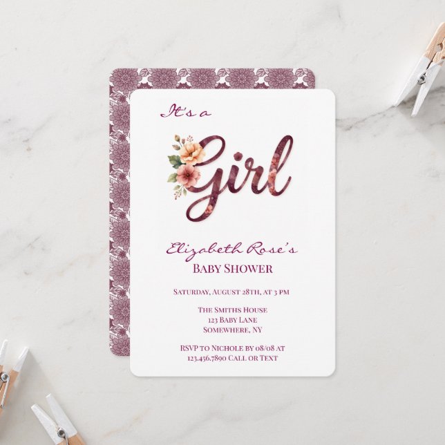 Convites Chuva de Flores Baby Shower Burgundy (Frente/Verso In Situ)