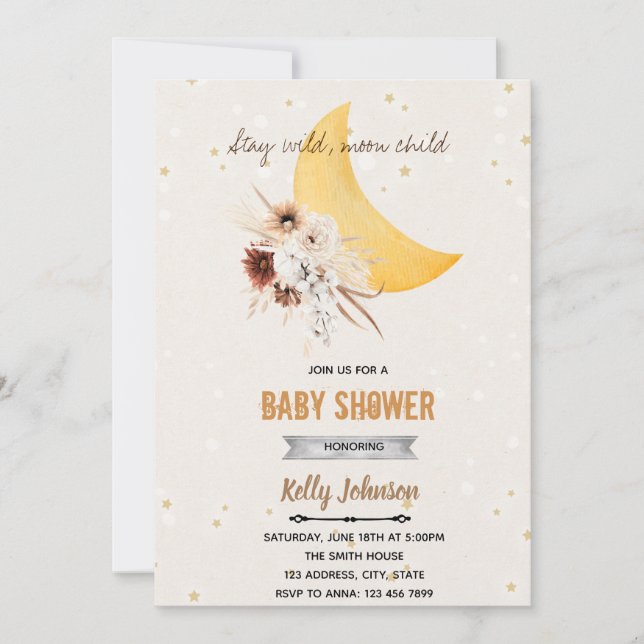 Convites Chuva de flores boho fique selvagem criança da lua (Frente)