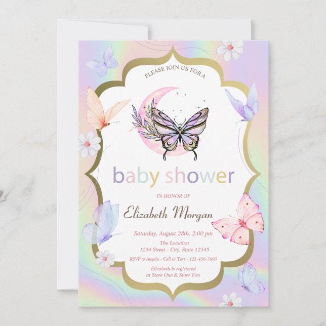 Convites Chuva de Flores Brancas Borboletas Holográficas Ba (Frente)