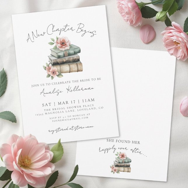 Convites Chuva de Flores Capítulo Novo Noivado (Book New Chapter Floral Bridal Shower Invitation)