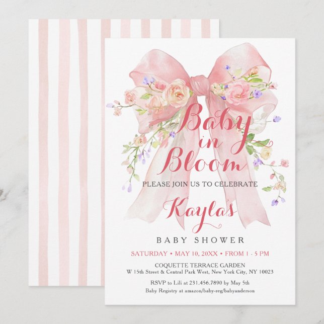 Convites Chuva de Flores Cor-de-Rosa Baby Shower (Frente/Verso)