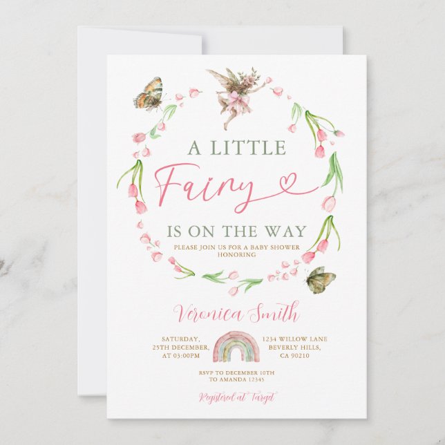 Convites Chuva de Flores Cor-de-Rosa Fada Baby Shower (Frente)